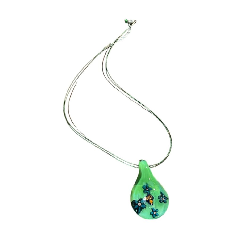 Green Teardrop Art Glass Pendant Necklace Floral Butterfly Design 18" Chain